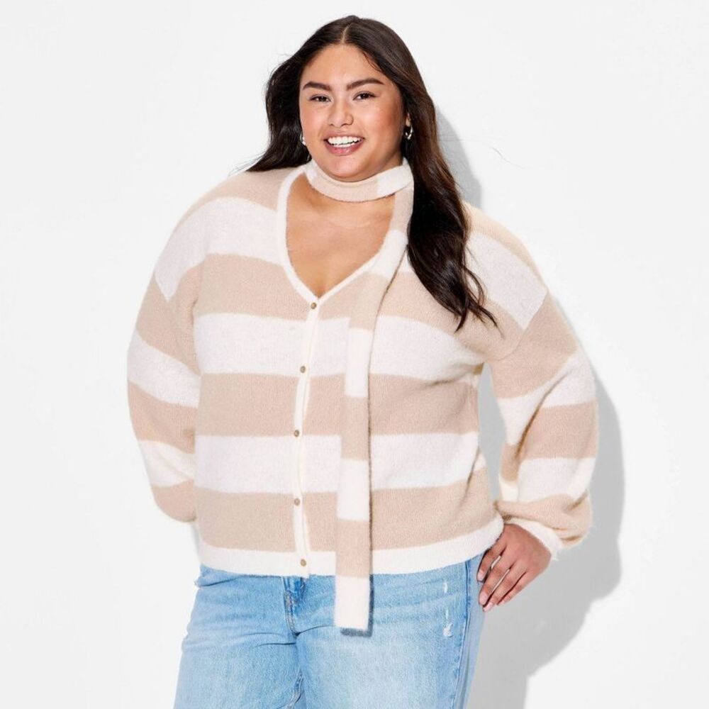 Women's Long Sleeve V-Neck Cardigan - Wild Fable Beige Striped XXL